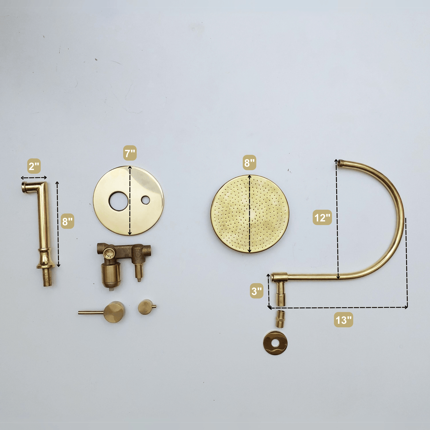 Unlacquered Brass Shower System with Tub Filler, Round Rain Shower Head, and Arcuate Arm - Ref: ATLASS53