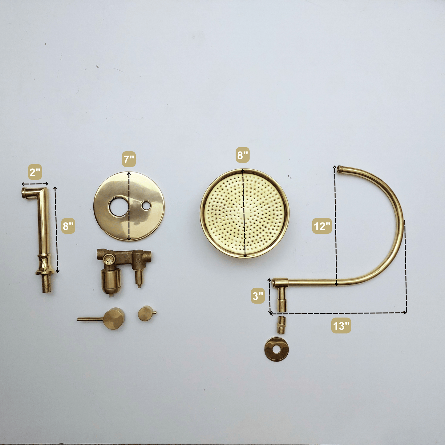Unlacquered Brass Shower System with Tub Filler, Round Rain Shower Head, and Arcuate Arm - Ref: ATLASS54
