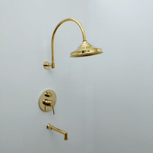 Unlacquered Brass Shower System with Tub Filler, Round Rain Shower Head, and Arcuate Arm - Ref: ATLASS54