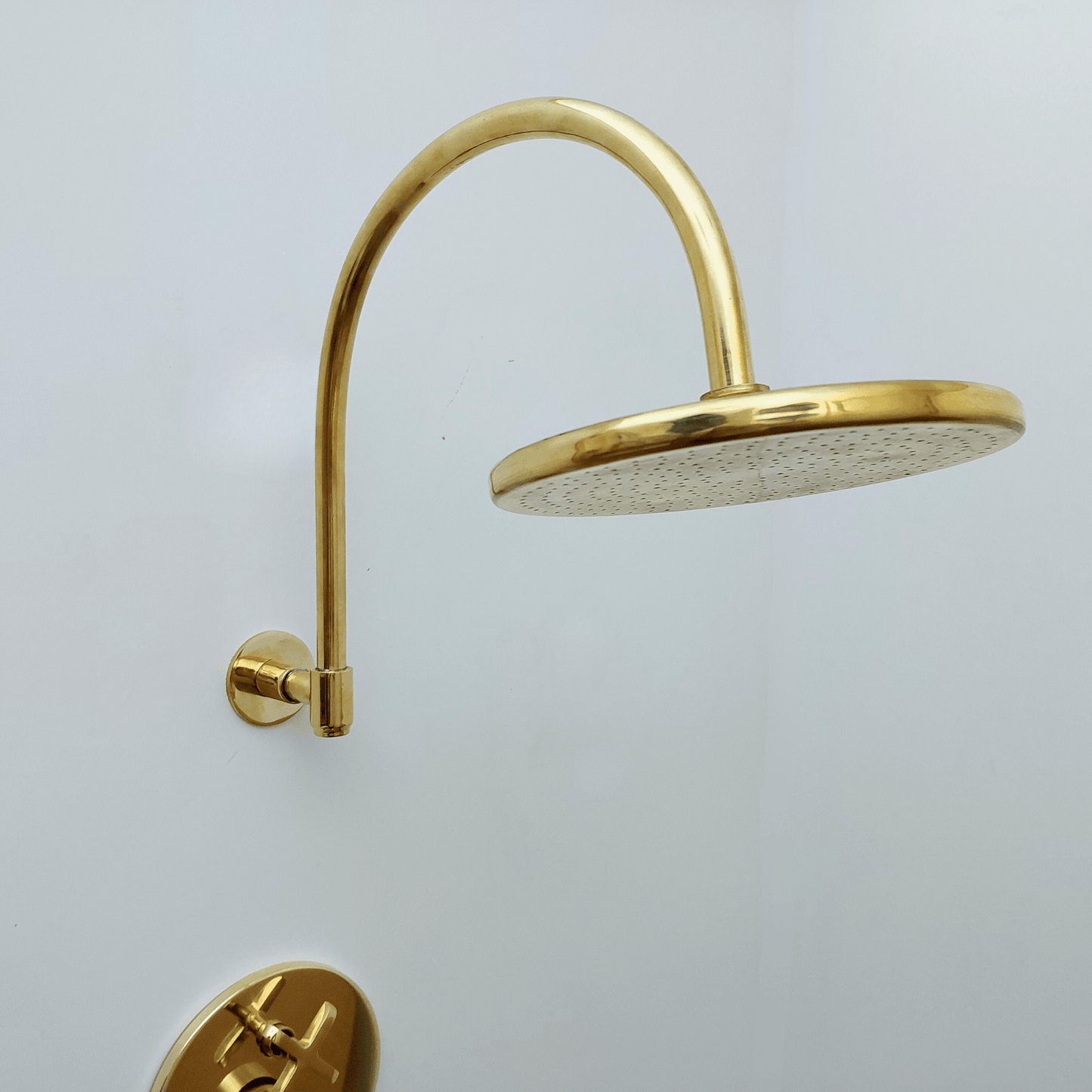 Unlacquered Brass Shower System with Tub Filler, Round Rain Shower Head, and Arcuate Arm - Ref: ATLASS53