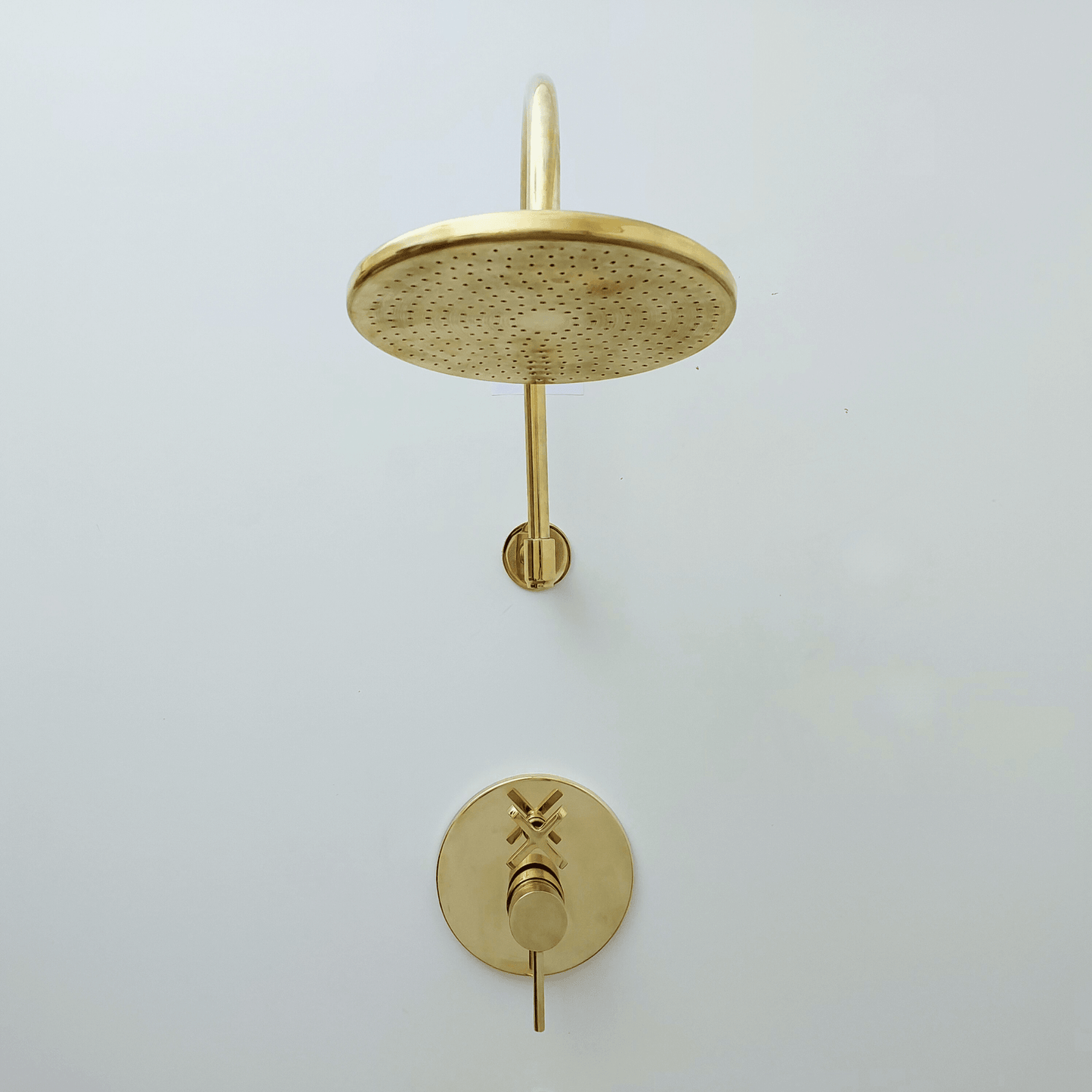 Unlacquered Brass Shower System with Tub Filler, Round Rain Shower Head, and Arcuate Arm - Ref: ATLASS53
