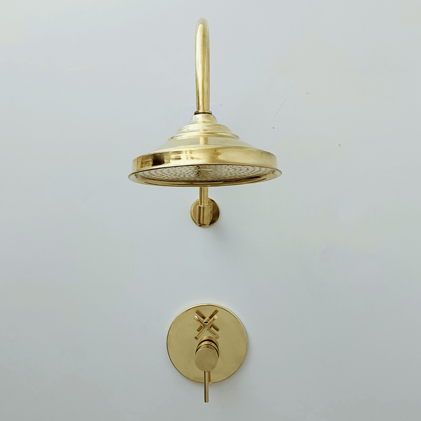 Unlacquered Brass Shower System with Tub Filler, Round Rain Shower Head, and Arcuate Arm - Ref: ATLASS54