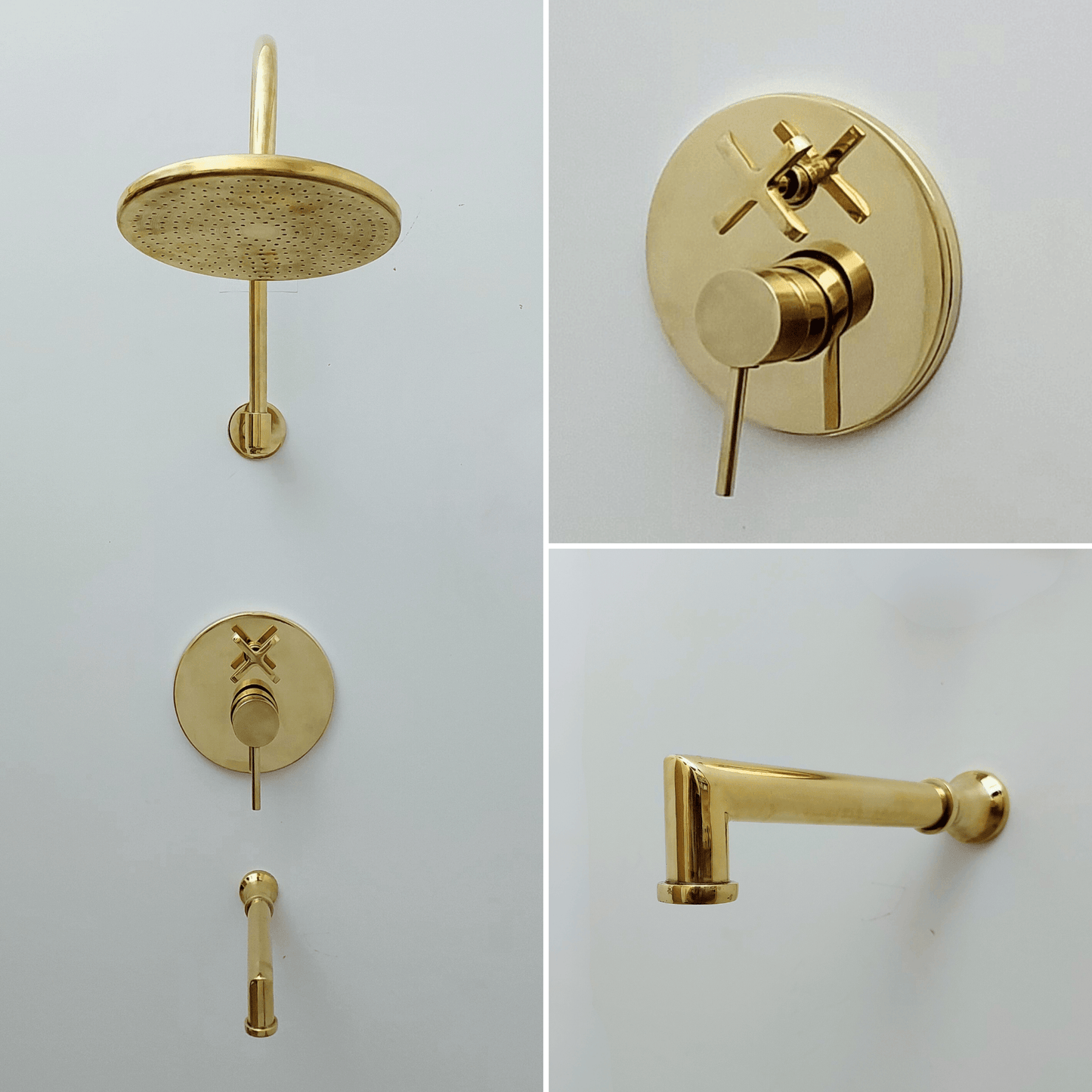 Unlacquered Brass Shower System with Tub Filler, Round Rain Shower Head, and Arcuate Arm - Ref: ATLASS53