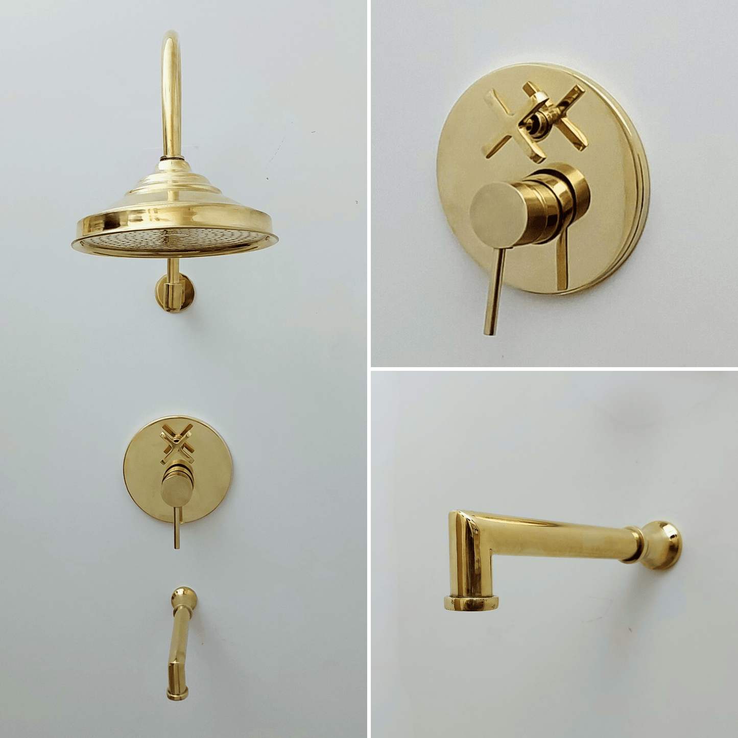 Unlacquered Brass Shower System with Tub Filler, Round Rain Shower Head, and Arcuate Arm - Ref: ATLASS54