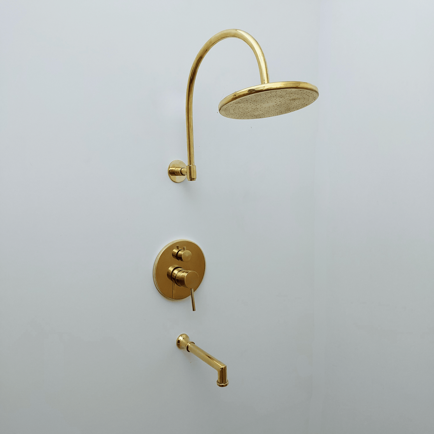 Unlacquered Brass Shower System with Tub Filler, Round Rain Shower Head, and Arcuate Arm - Ref: ATLASS53