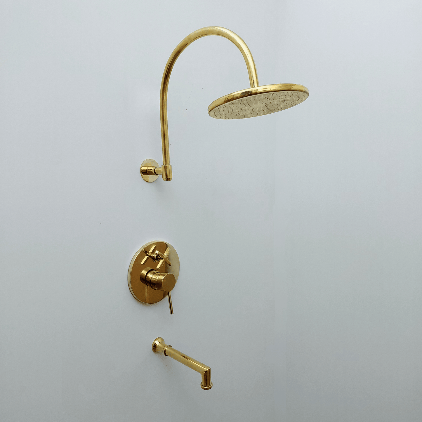 Unlacquered Brass Shower System with Tub Filler, Round Rain Shower Head, and Arcuate Arm - Ref: ATLASS53