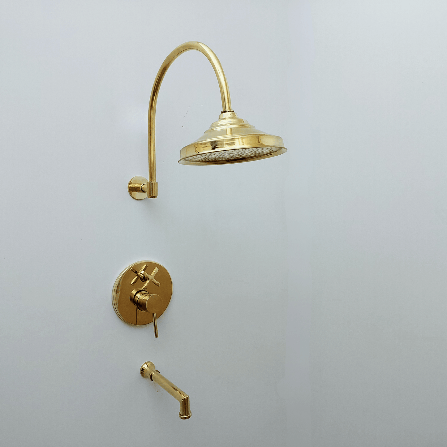 Unlacquered Brass Shower System with Tub Filler, Round Rain Shower Head, and Arcuate Arm - Ref: ATLASS54