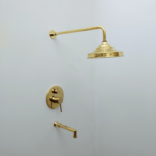 Unlacquered Brass Shower System with Tub Filler and Round Rain Shower Head - Ref: ATLASS52