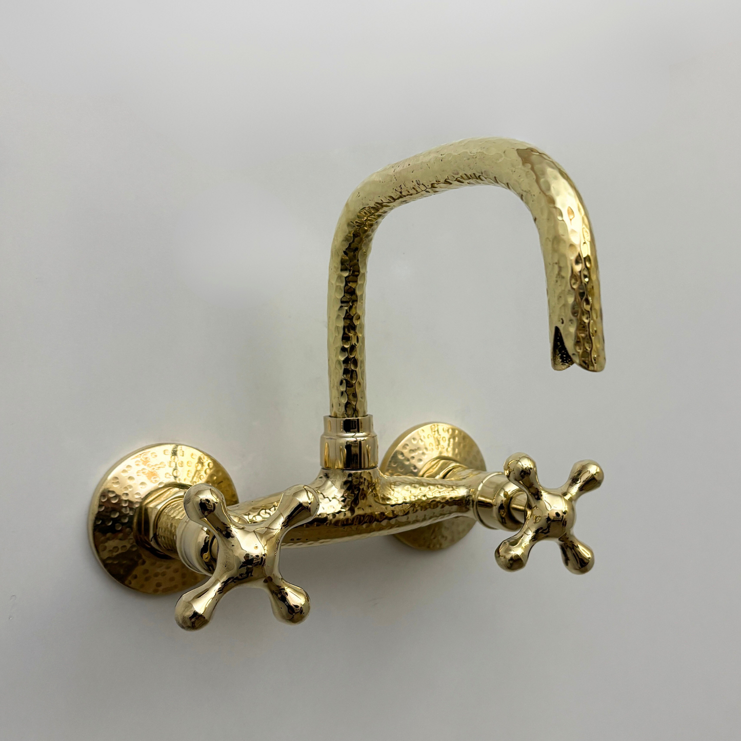 Unlacquered Brass Wall Mount Faucet, Hammered Brass Bridge Faucet with Cross Handles - Ref: WMUBHF1C