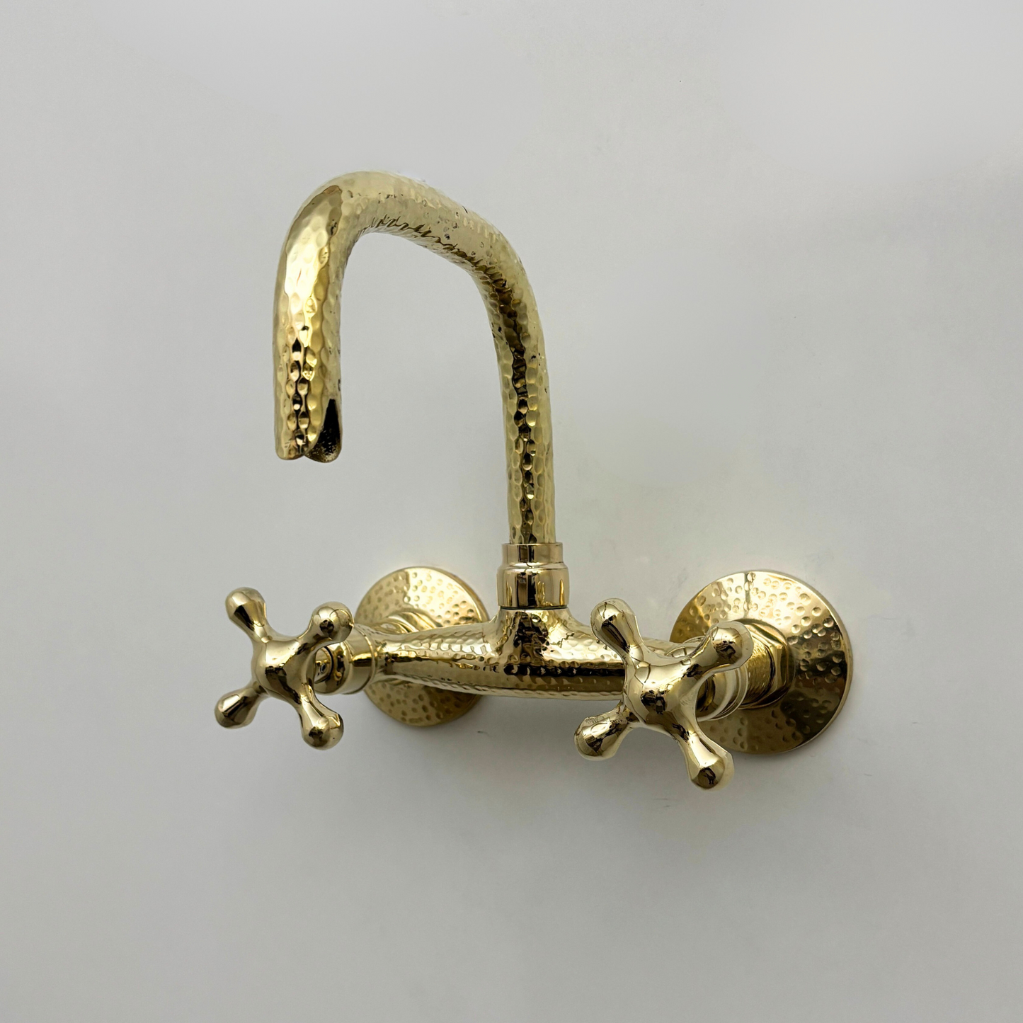 Unlacquered Brass Wall Mount Faucet, Hammered Brass Bridge Faucet with Cross Handles - Ref: WMUBHF1C