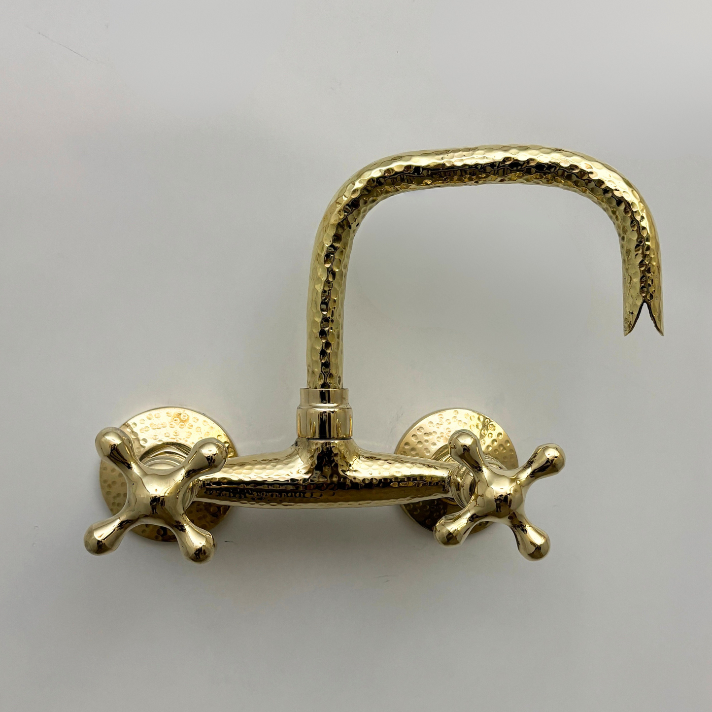 Unlacquered Brass Wall Mount Faucet, Hammered Brass Bridge Faucet with Cross Handles - Ref: WMUBHF1C