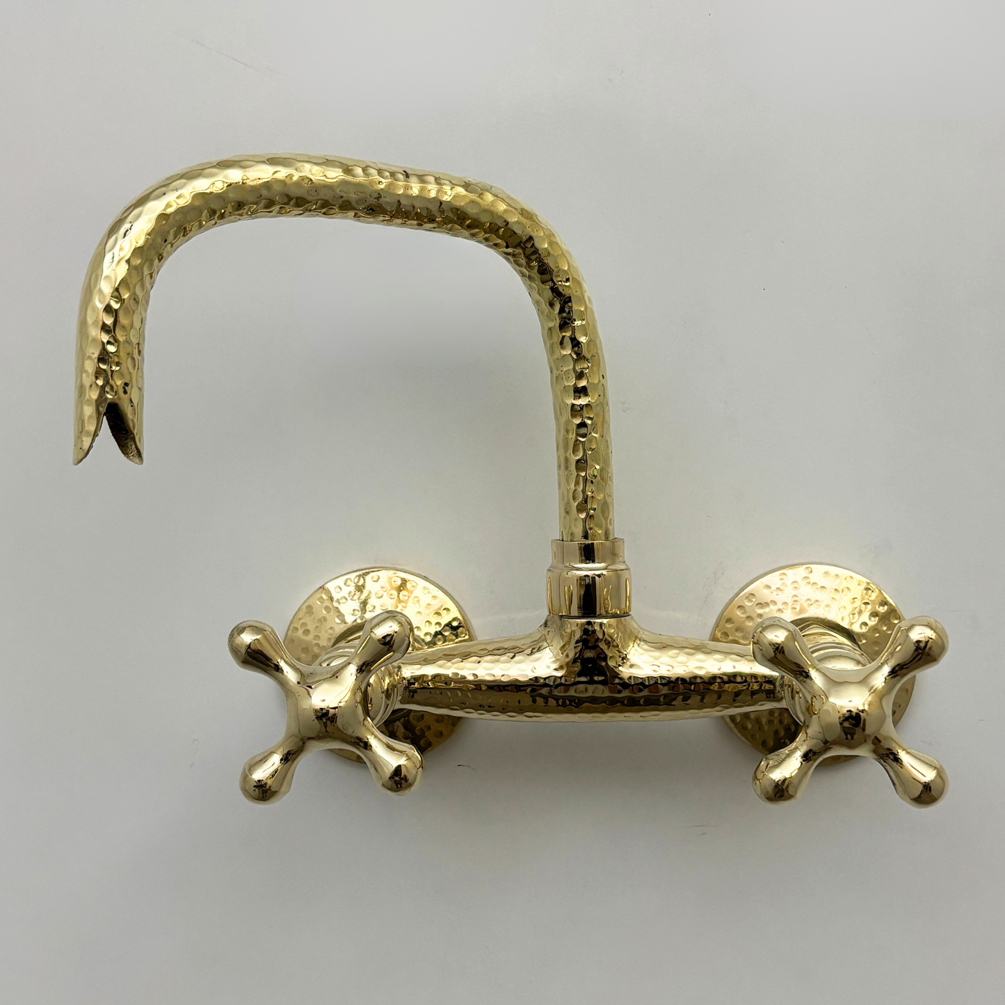 Unlacquered Brass Wall Mount Faucet, Hammered Brass Bridge Faucet with Cross Handles - Ref: WMUBHF1C