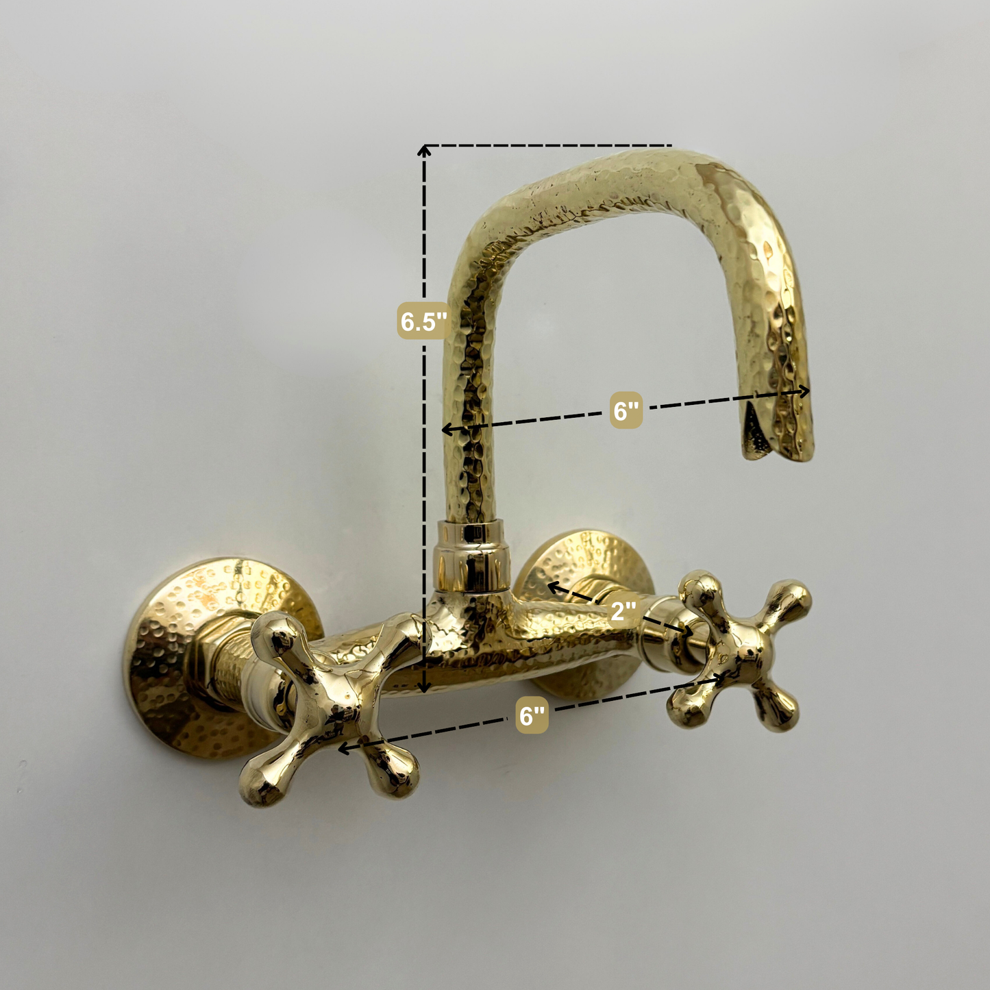 Unlacquered Brass Wall Mount Faucet, Hammered Brass Bridge Faucet with Cross Handles - Ref: WMUBHF1C