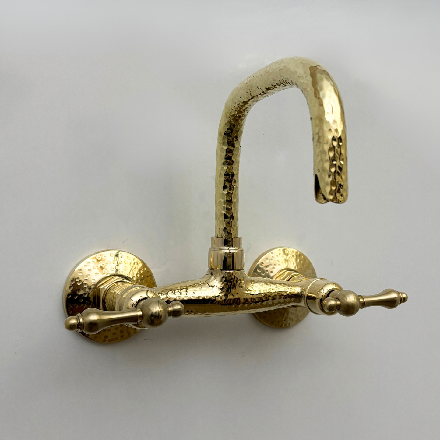 Unlacquered Brass Wall Mount Faucet, Hammered Brass Bridge Faucet with Lever Handles - Ref: WMUBHF1L