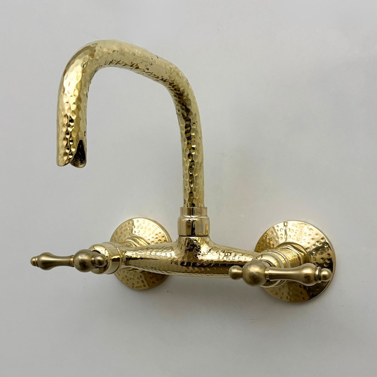 Unlacquered Brass Wall Mount Faucet, Hammered Brass Bridge Faucet with Lever Handles - Ref: WMUBHF1L