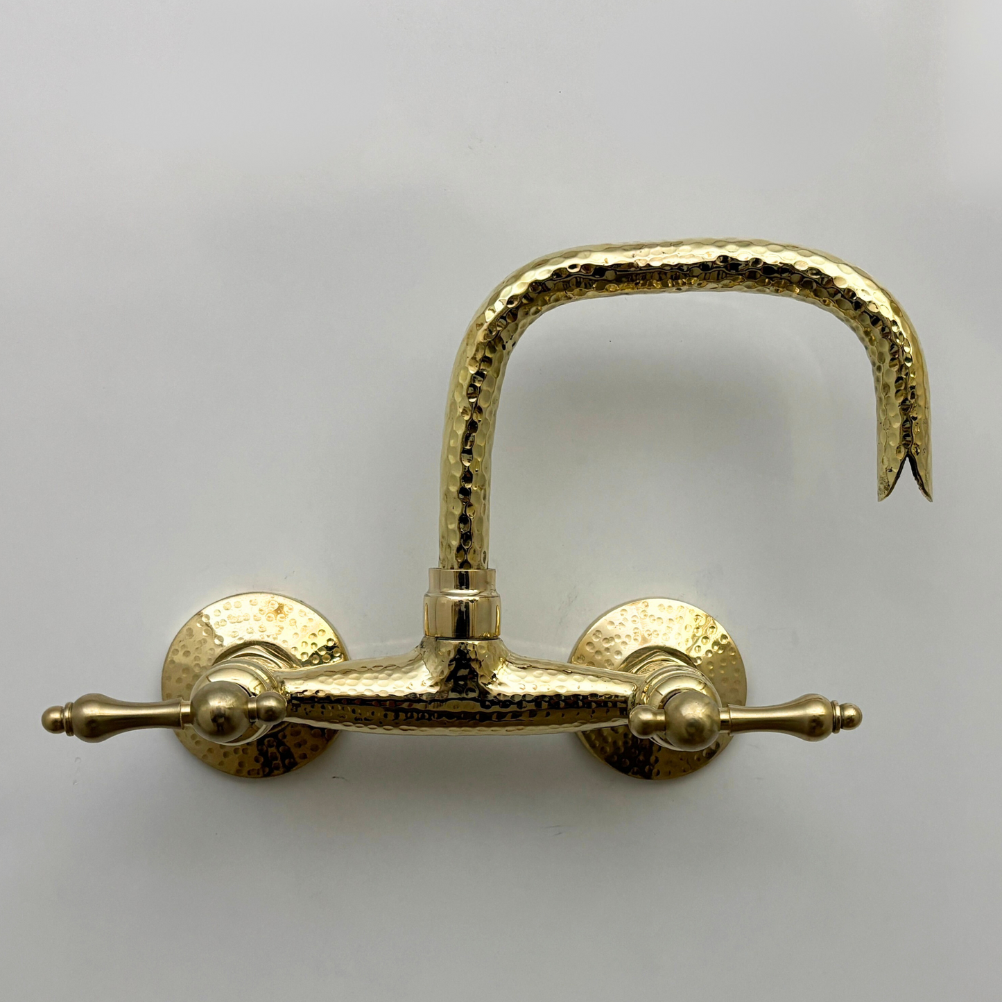 Unlacquered Brass Wall Mount Faucet, Hammered Brass Bridge Faucet with Lever Handles - Ref: WMUBHF1L