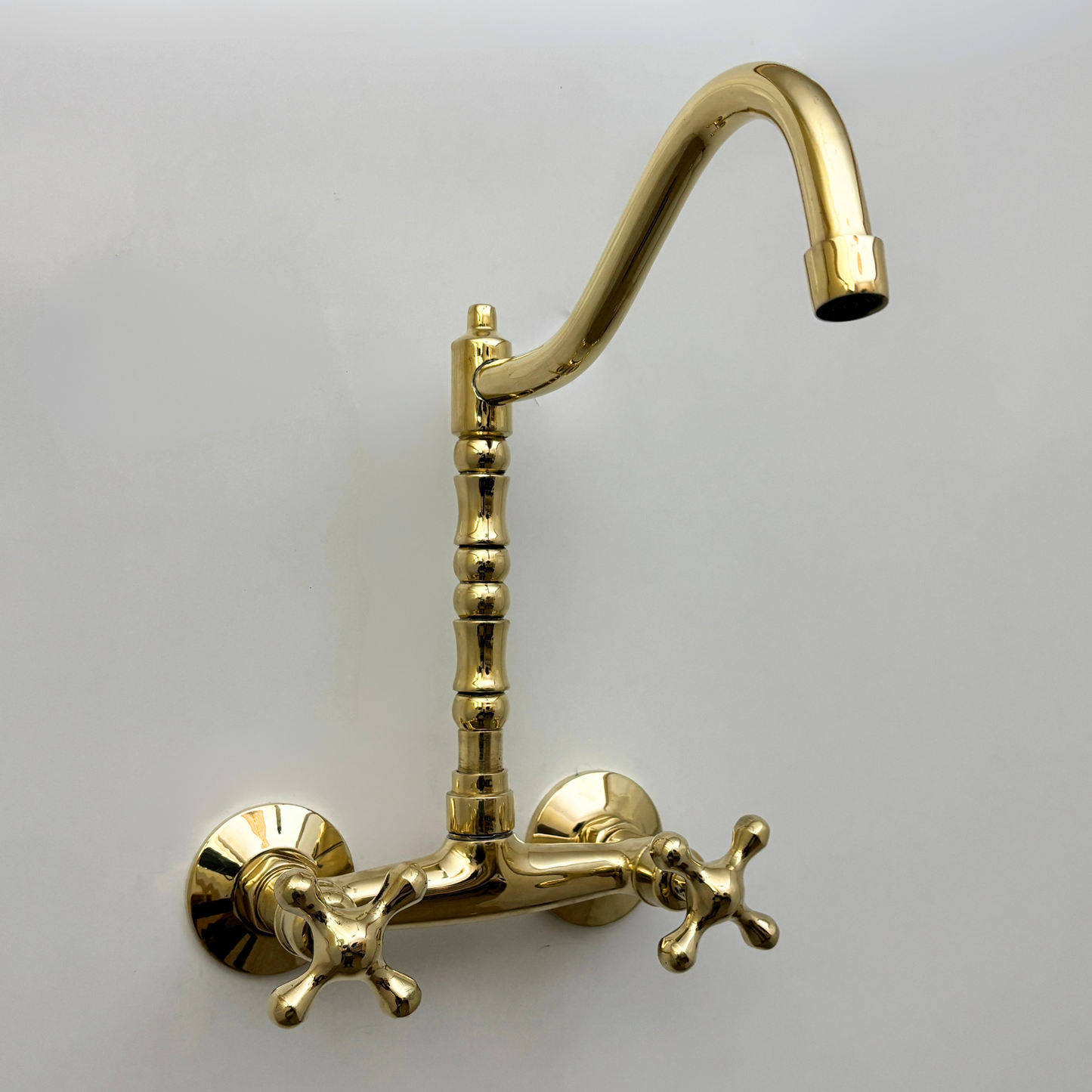 Unlacquered Brass Wall Mount Faucet, Solid Brass Bridge Faucet with Cross Handles - Ref: WMUBF1C