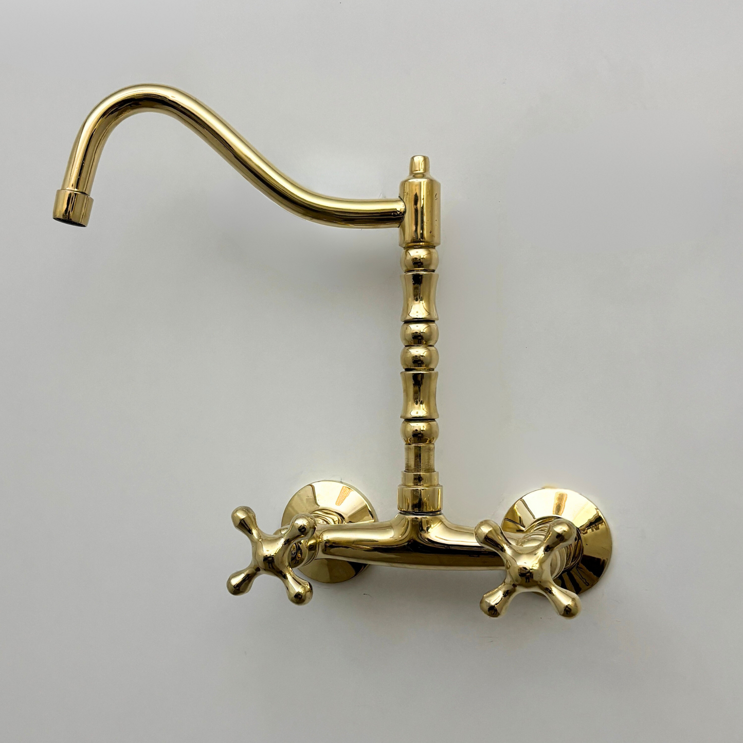 Unlacquered Brass Wall Mount Faucet, Solid Brass Bridge Faucet with Cross Handles - Ref: WMUBF1C