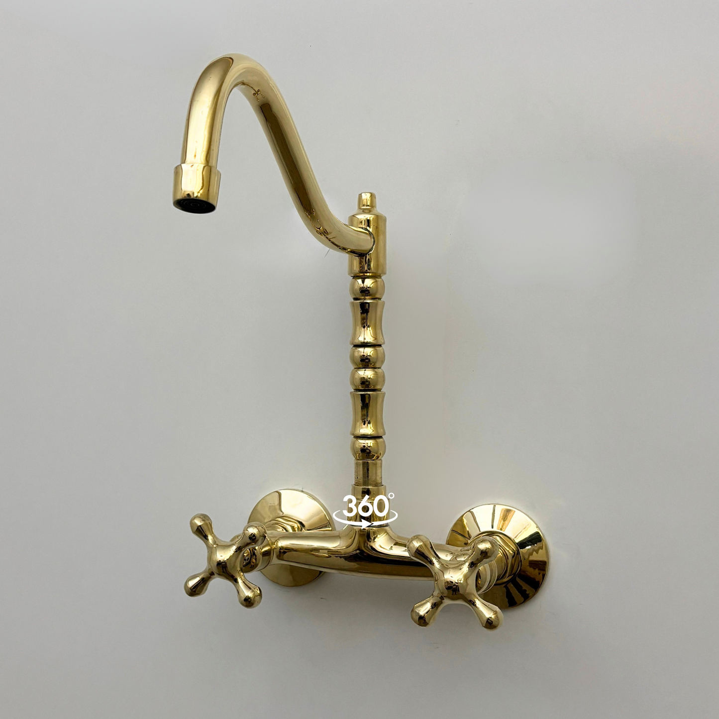 Unlacquered Brass Wall Mount Faucet, Solid Brass Bridge Faucet with Cross Handles - Ref: WMUBF1C