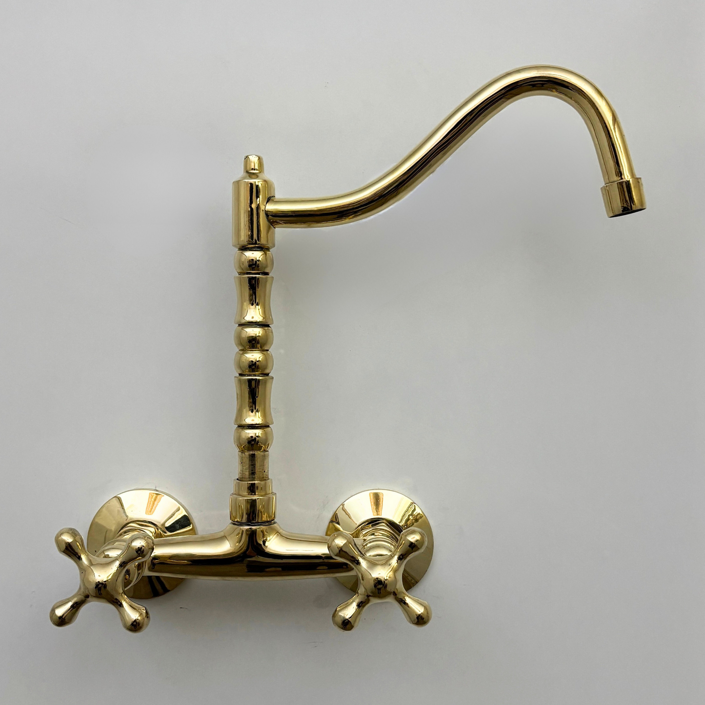 Unlacquered Brass Wall Mount Faucet, Solid Brass Bridge Faucet with Cross Handles - Ref: WMUBF1C