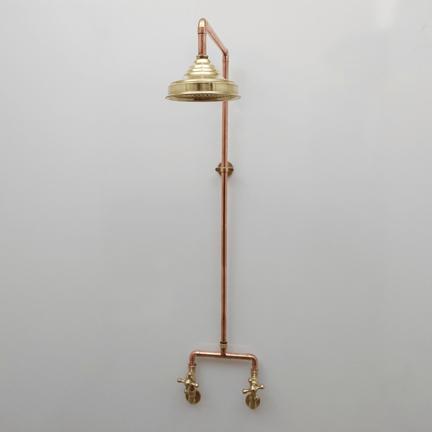 Unlacquered Brass and Copper Shower System with Round Rain Shower Head and Cross handles - Ref: SS-UBC-C-001
