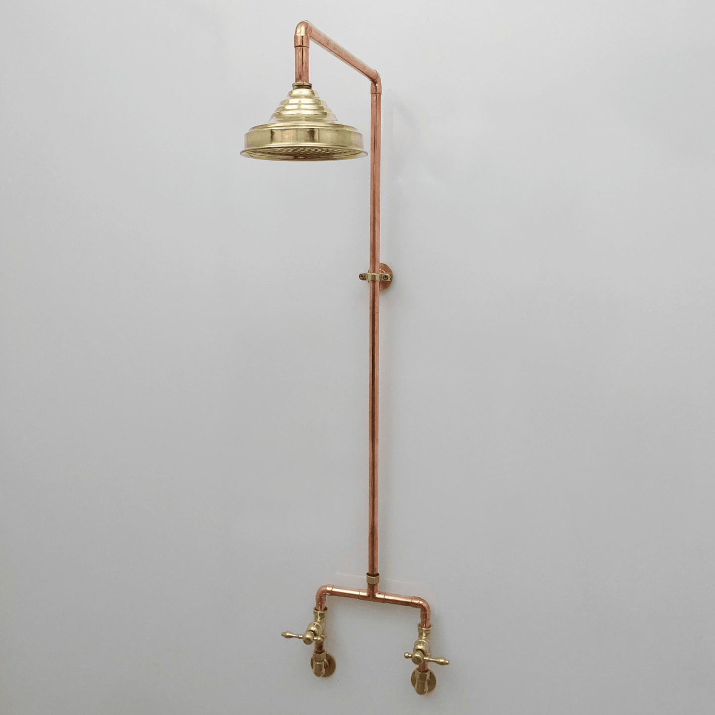 Unlacquered Brass and Copper Shower System with Round Rain Shower Head and Lever handles - Ref: SS-UBC-L-001