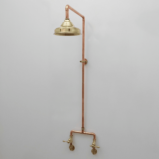 Unlacquered Brass and Copper Shower System with Round Rain Shower Head and Lever handles - Ref: SS-UBC-L-001