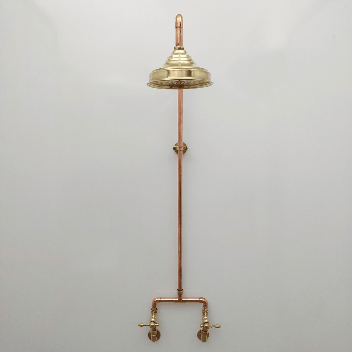 Unlacquered Brass and Copper Shower System with Round Rain Shower Head and Lever handles - Ref: SS-UBC-L-001