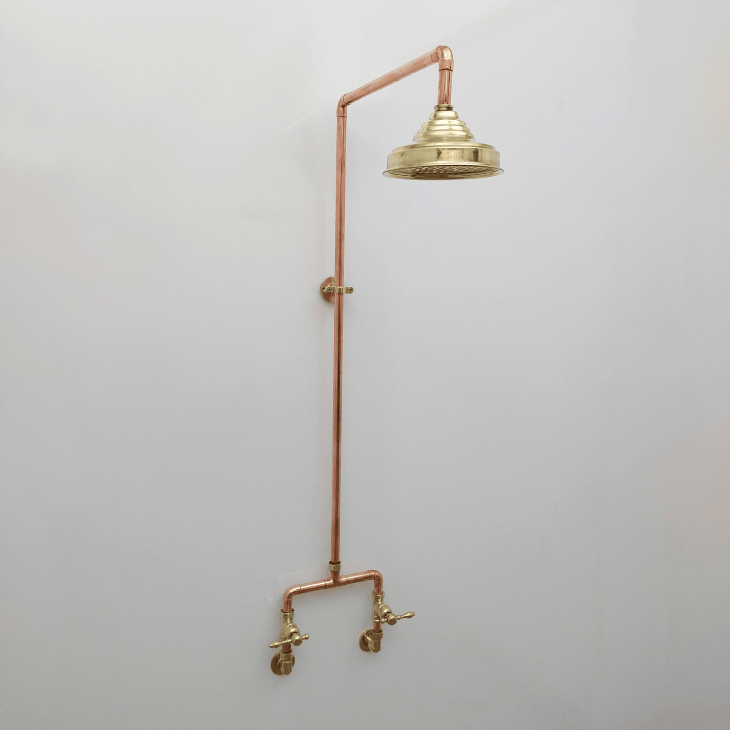 Unlacquered Brass and Copper Shower System with Round Rain Shower Head and Lever handles - Ref: SS-UBC-L-001