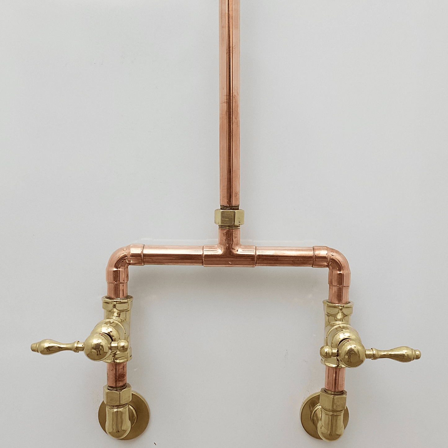 Unlacquered Brass and Copper Shower System with Round Rain Shower Head and Lever handles - Ref: SS-UBC-L-001