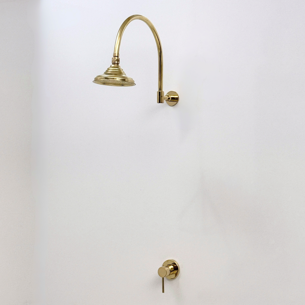 Unlacquered Brass Concealed Rain Shower System with Dome Head and Gooseneck Arm