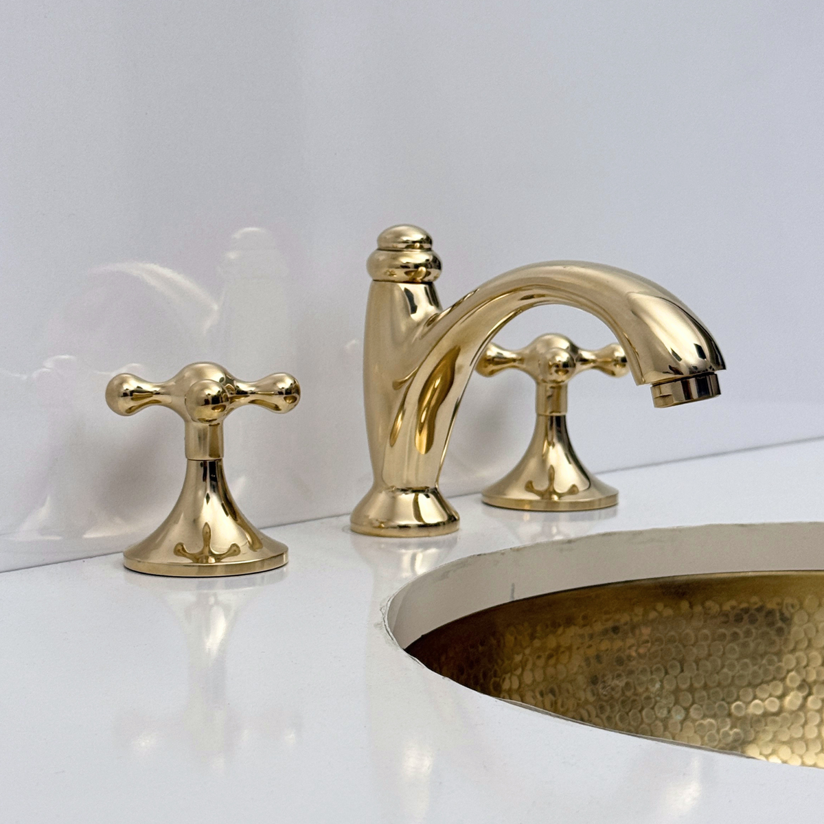 Unlacquered Brass Widespread Bathroom Faucet With Cross Handles
