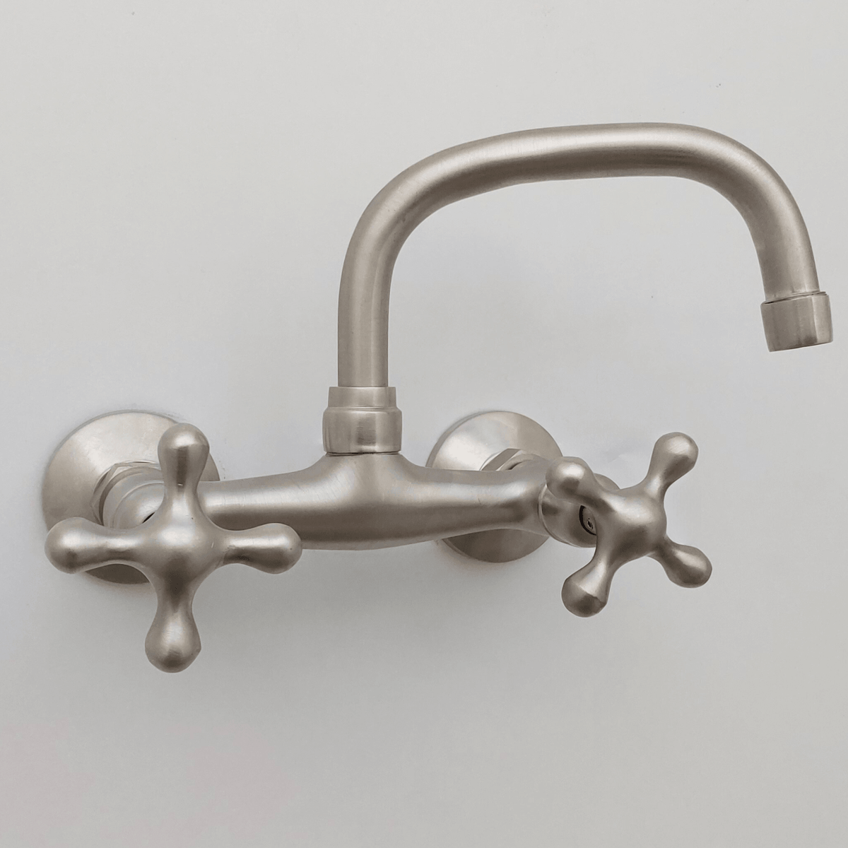 Wall Mount Brass Faucet, Brushed Nickel Finish Gooseneck Faucet with Cross Handles - Ref: WFCN002