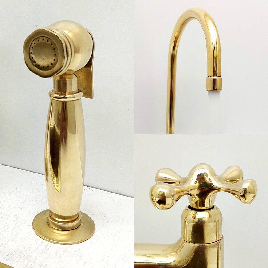 Grifo de cocina de puente con rociador en latón sin lacar - Ref: APCL-5