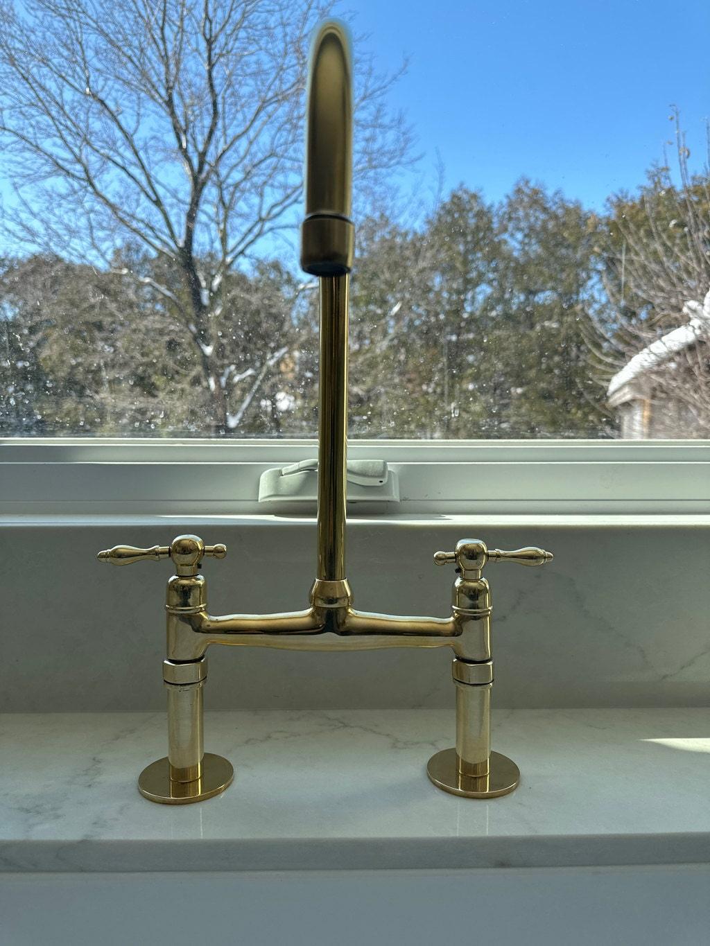 Unlacquered Brass Bridge Kitchen Faucet with Sprayer - Ref: APCL-1