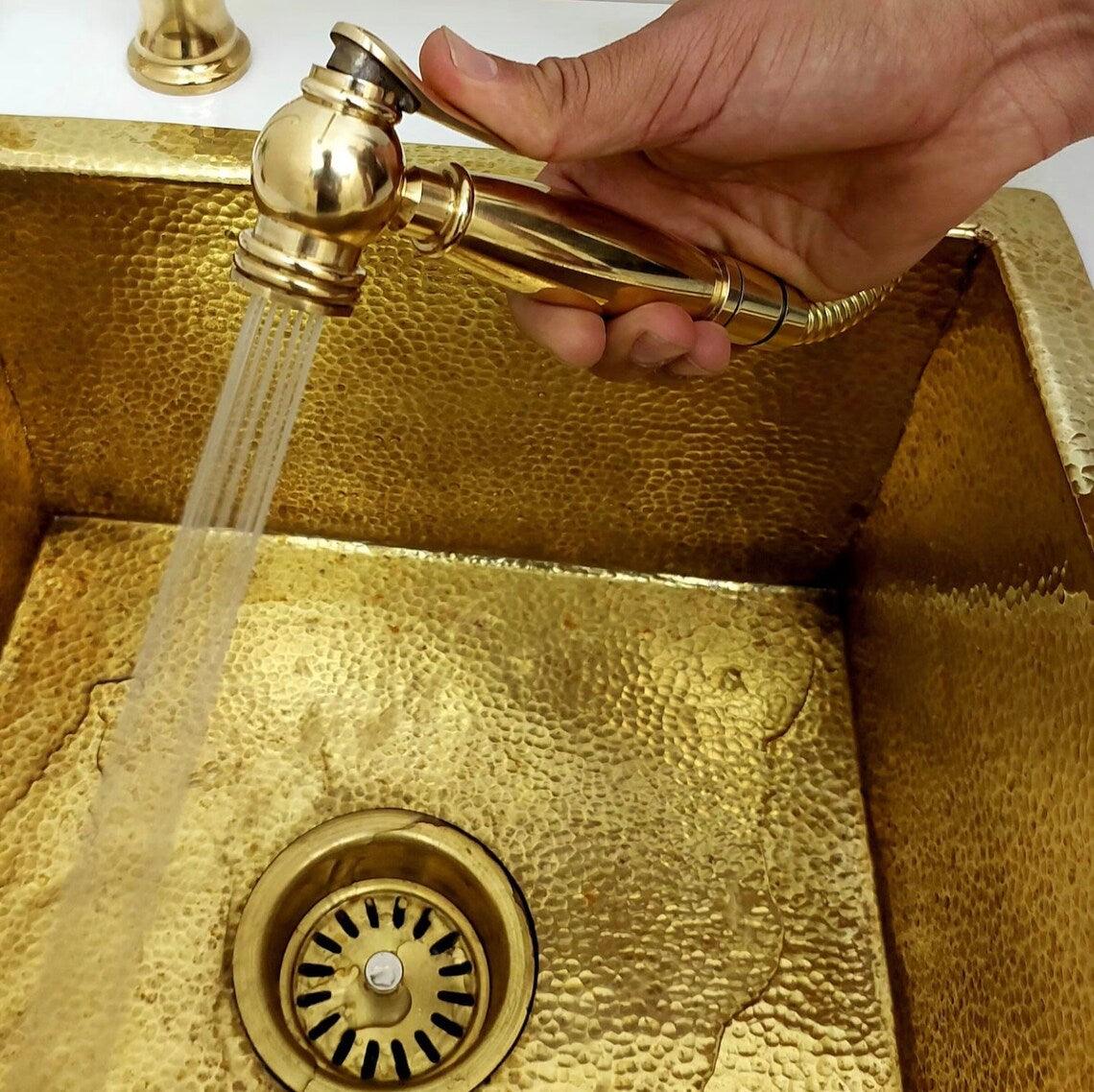 Unlacquered Brass Bridge Kitchen Faucet with Sprayer - Ref: APCL-3