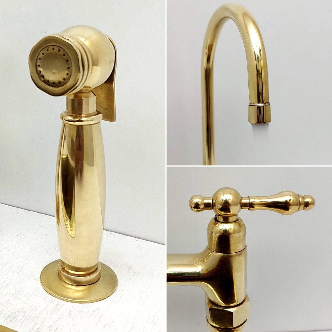 Unlacquered Brass Bridge Kitchen Faucet with Sprayer - Ref: APCL-3