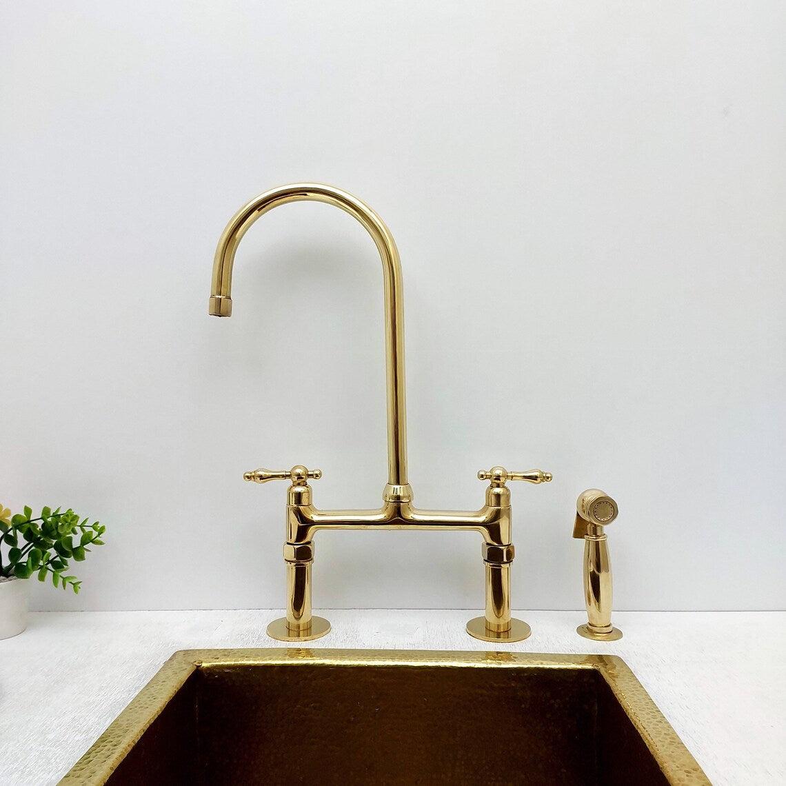 Unlacquered Brass Bridge Kitchen Faucet with Sprayer - Ref: APCL-3