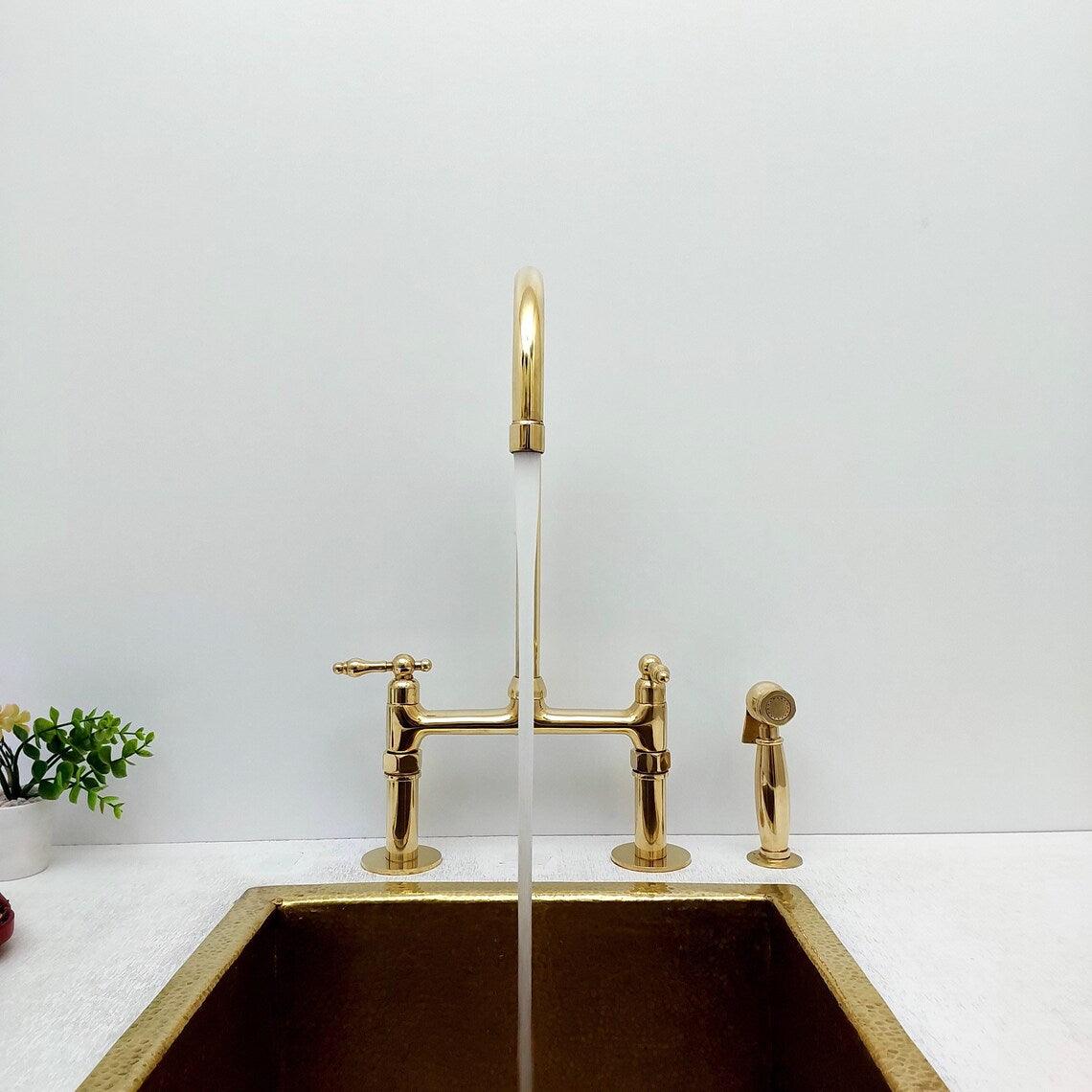 Unlacquered Brass Bridge Kitchen Faucet with Sprayer - Ref: APCL-3