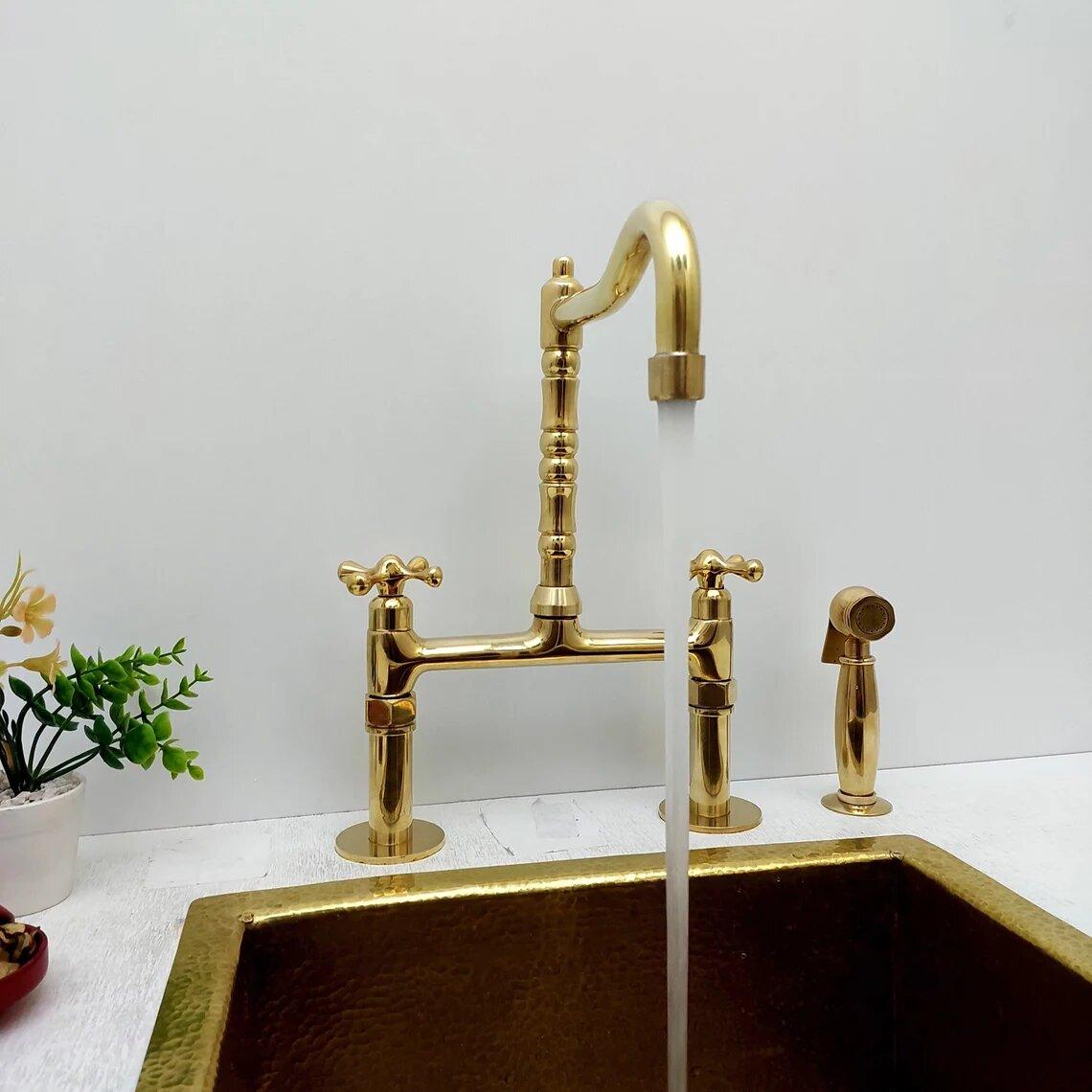 Unlacquered Brass Bridge Kitchen Faucet with Sprayer - Ref: APCL-4