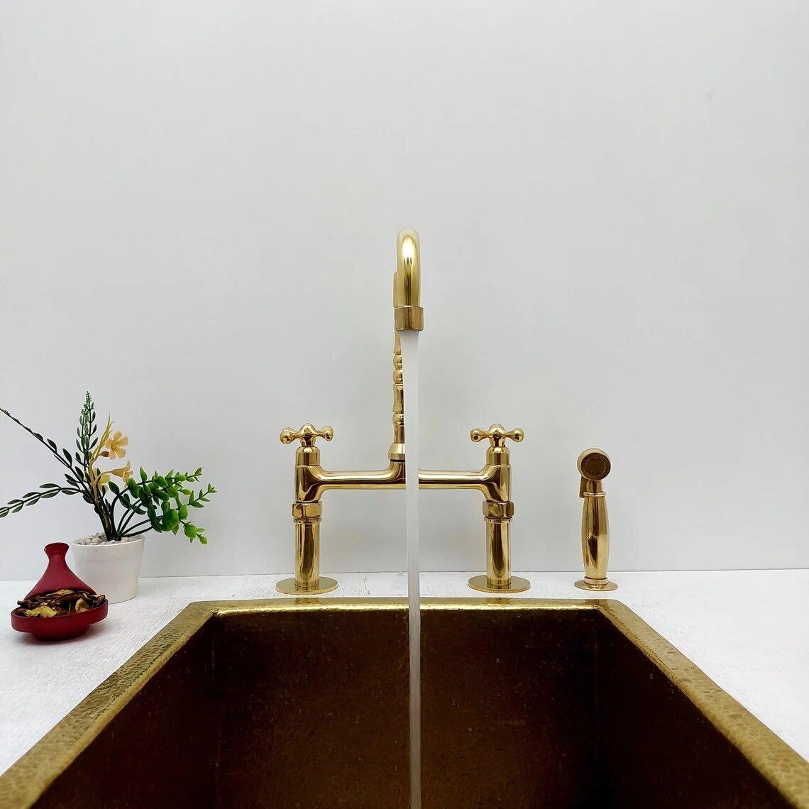 Unlacquered Brass Bridge Kitchen Faucet with Sprayer - Ref: APCL-4