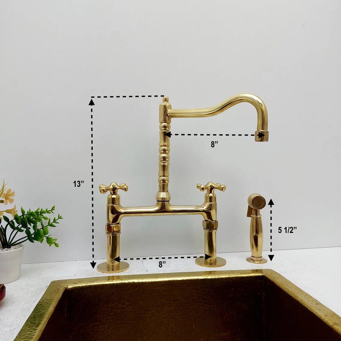 Unlacquered Brass Bridge Kitchen Faucet with Sprayer - Ref: APCL-4