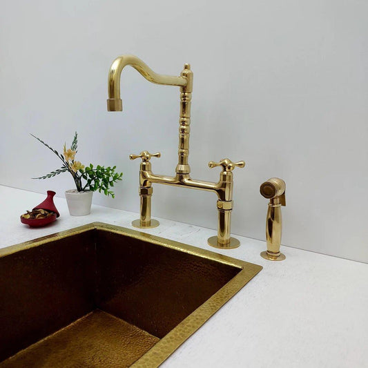 Unlacquered Brass Bridge Kitchen Faucet with Sprayer - Ref: APCL-4