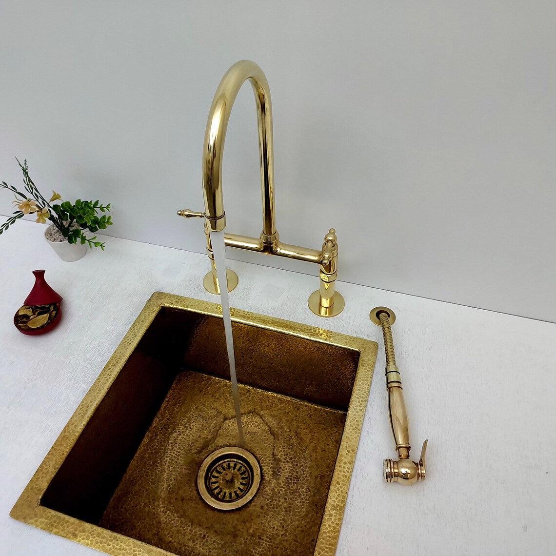 Unlacquered Brass Bridge Kitchen Faucet with Sprayer - Ref: APCL-3