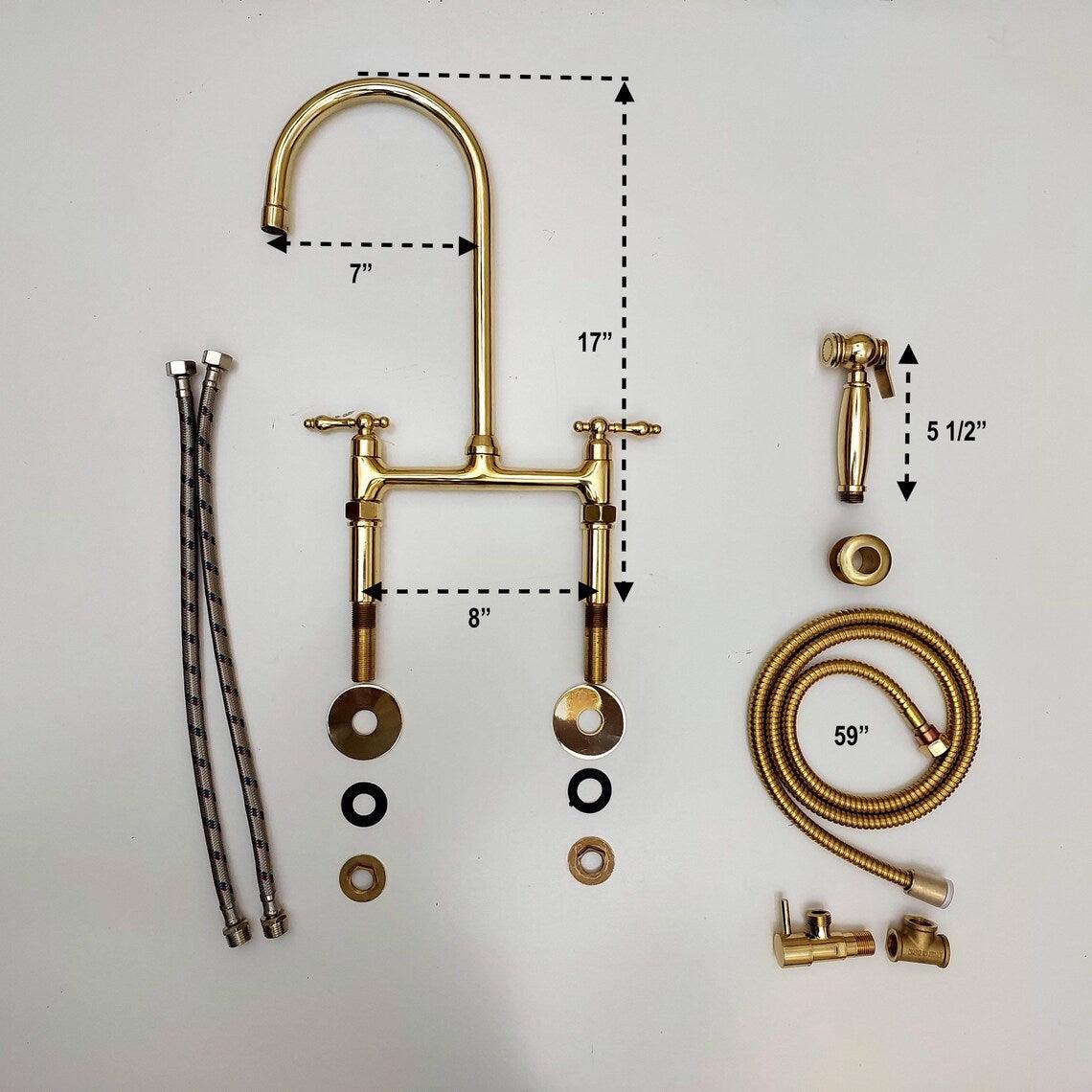 Unlacquered Brass Bridge Kitchen Faucet with Sprayer - Ref: APCL-3