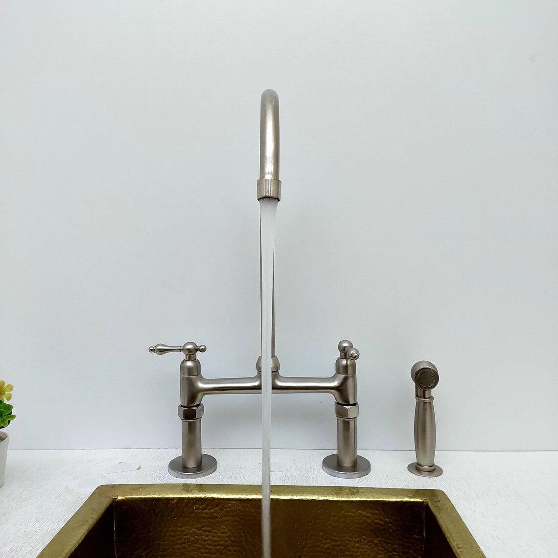 8" Nickel Finish Bridge Faucet  With Sprayer and Lever Handles-ref:APCL-7