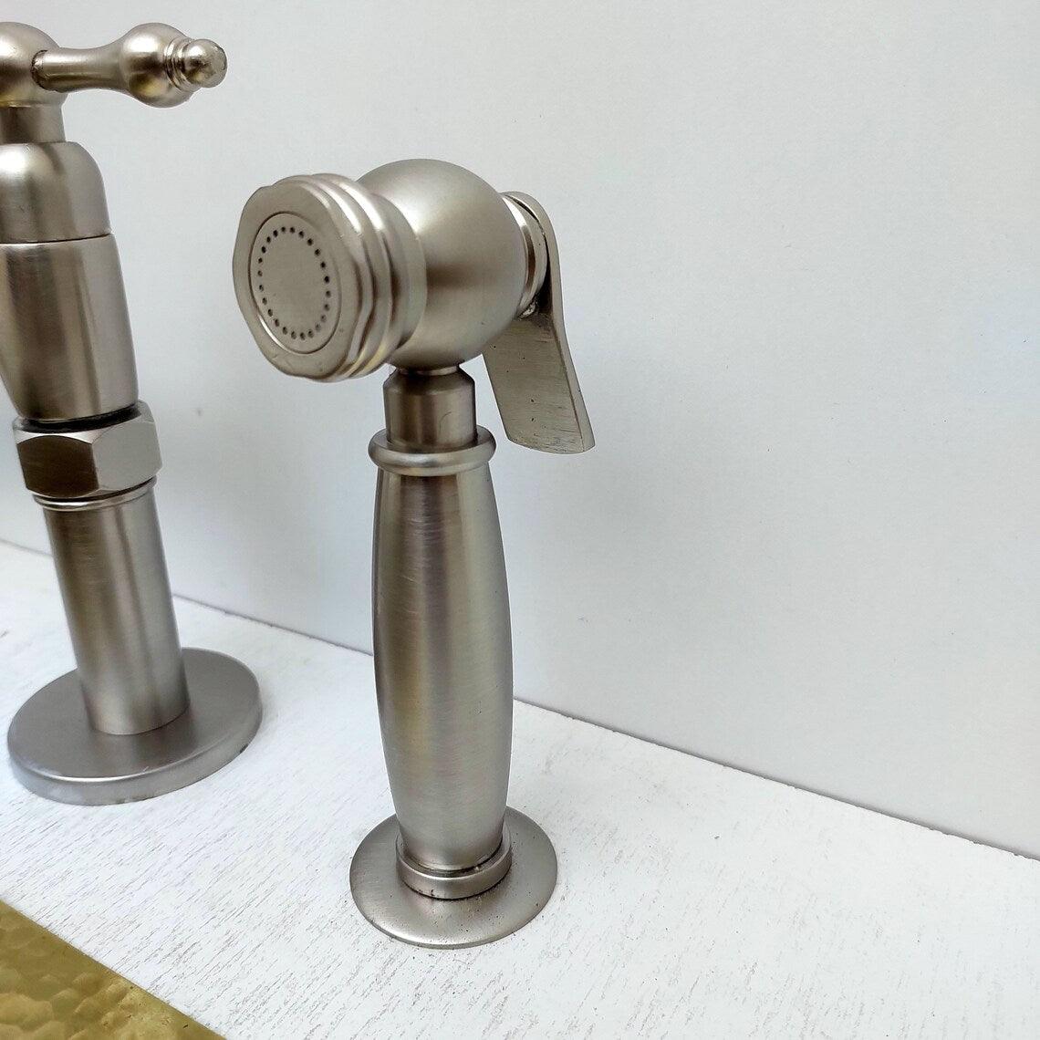 8" Nickel Finish Bridge Faucet  With Sprayer and Lever Handles-ref:APCL-7