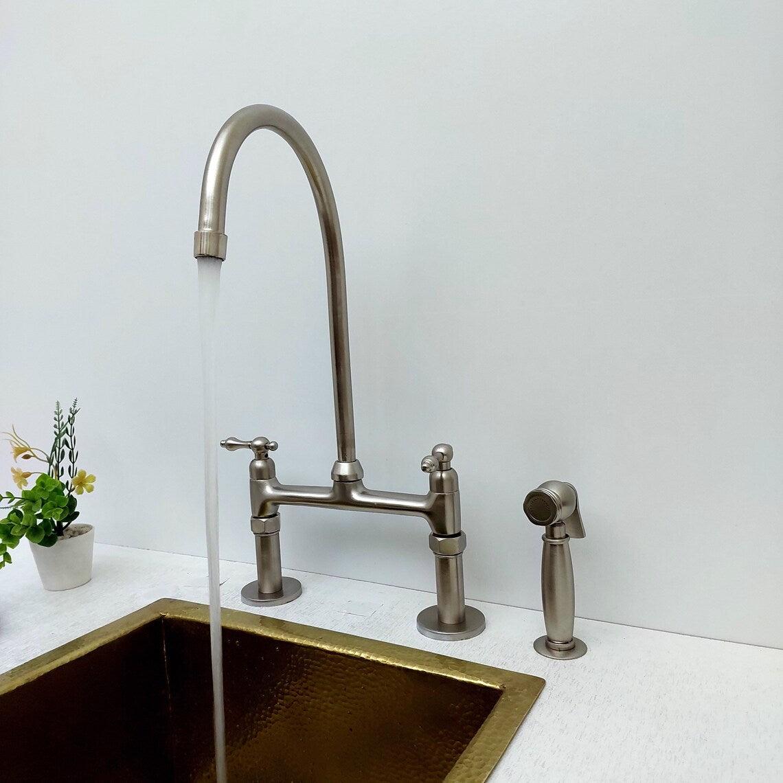 8" Nickel Finish Bridge Faucet  With Sprayer and Lever Handles-ref:APCL-7