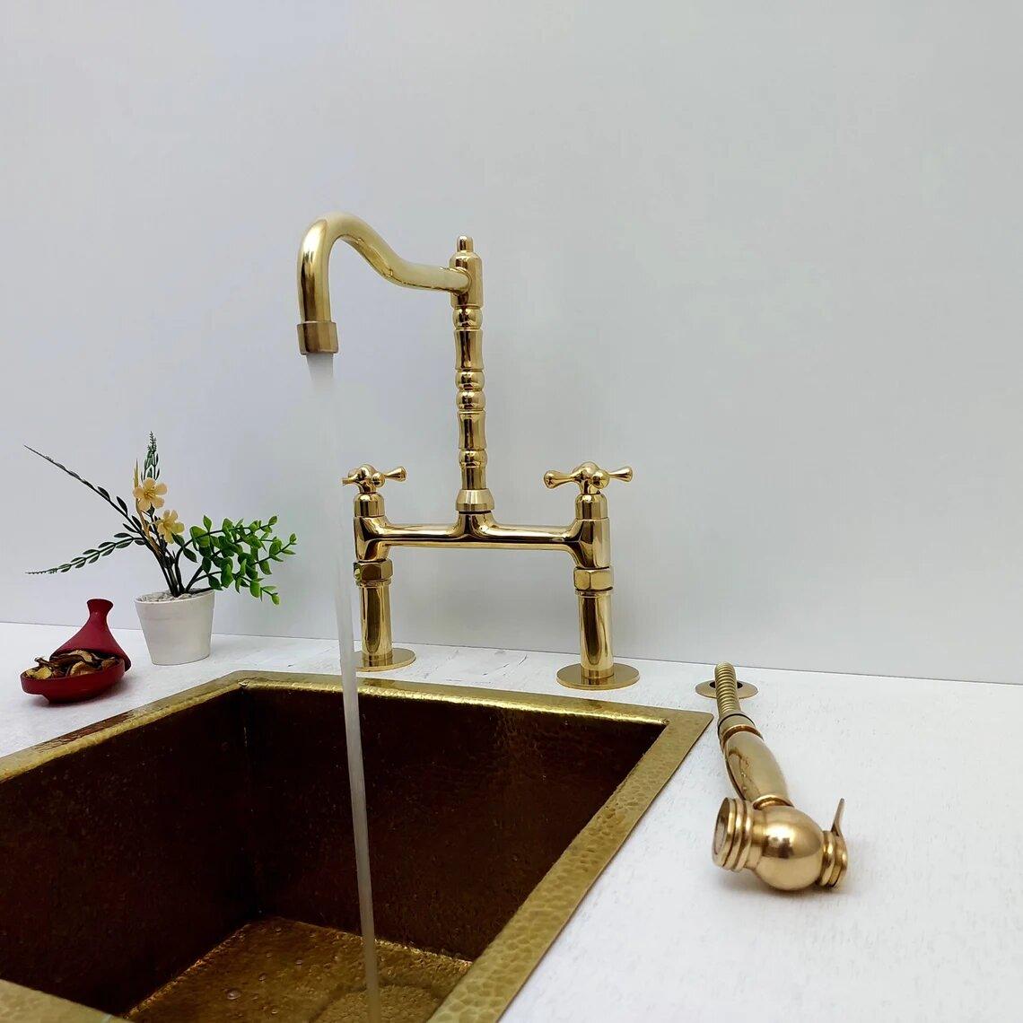 Unlacquered Brass Bridge Kitchen Faucet with Sprayer - Ref: APCL-4