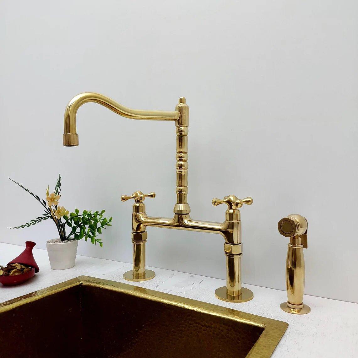 Unlacquered Brass Bridge Kitchen Faucet with Sprayer - Ref: APCL-4